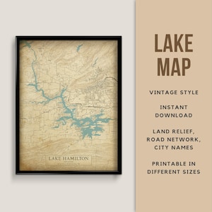 Mapa de estilo vintage imprimible del lago Hamilton, Arkansas, EE. UU. con nombres de ciudades - Descarga instantánea \ Mapa del lago \ Mapa rústico \ Decoración de la casa del lago