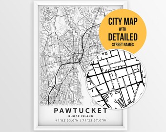 Pawtucket Rhode Island Map with Street Names, Printable Pawtucket City Poster (Instant Download)