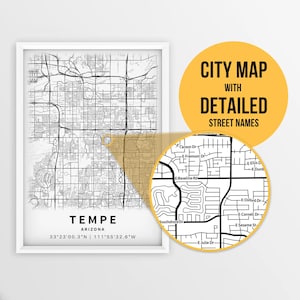 Mapa para impressão de Tempe, Arizona, EUA com nomes de ruas - download instantâneo \ Mapa da cidade \ Presente de viagem \ Cartaz da cidade \ Impressão de mapa de estradas \ Arte de parede