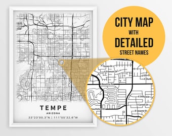 Mappa stampabile di Tempe, Arizona, Stati Uniti con i nomi delle strade - Download istantaneo \ Mappa della città \ Regalo di viaggio \ Poster della città \ Stampa della mappa stradale \ Arte della parete