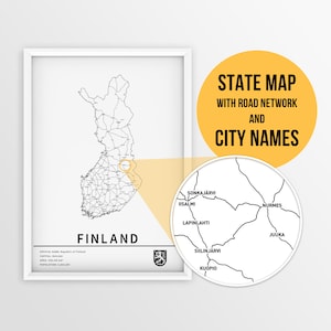 Finnland Karte mit Städtenamen und Straßen - sofort download auf Ihren Wegen