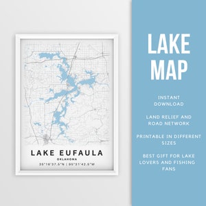 Mappa stampabile Lago Eufaula, Oklahoma, Stati Uniti - Download istantaneo \ Mappa del lago \ Wall Art \ Poster di pesca \ Lake House Decor \ LakeLife \ Canottaggio