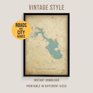 Lake Livingston Vintage Style Map, Printable Texas Lake House Poster (Instant Download)