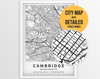 Cambridge Massachusetts Map with Street Names, Printable Cambridge City Poster (Instant Download)