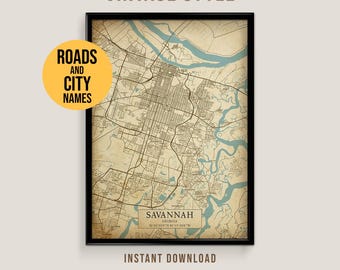 Savannah, Georgia Vintage Style Map, Printable Savannah City Poster (Instant Download)
