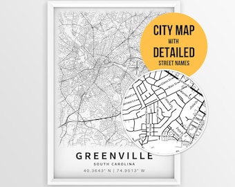 Greenville South Carolina Map with Street Names, Printable Greenville City Poster (Instant Download)