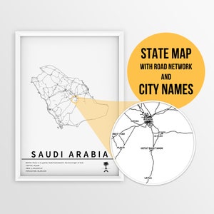 Printable Map of Saudi Arabia with city names and road - Instant Download \ Country Map \ Map Art \ Push Pin Map \ Road Map \ Travel Planner