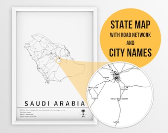 Printable Map of Saudi Arabia with city names and road - Instant Download \ Country Map \ Map Art \ Push Pin Map \ Road Map \ Travel Planner
