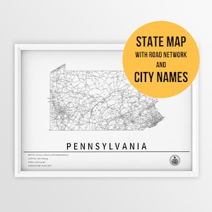 Mapa para impressão da Pensilvânia, EUA com nomes de cidades e estradas - Download instantâneo \ Impressão de mapa \ Mapa de alfinetes \ Planejador de viagens \ Arte de parede
