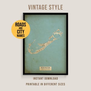 Bermuda, Atlantic Ocean Vintage Style Map, Printable Hamilton City Poster (Instant Download)