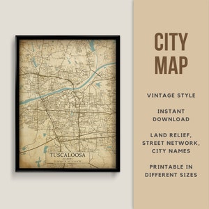 Afdrukbare kaart in vintage stijl van Tuscaloosa, Alabama, VS - direct downloaden \ stratenplan \ kaartposter \ antieke \ kaart afdrukken \ rustieke kaart