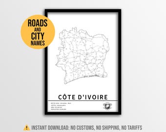 Affiche de la carte de la Côte d'Ivoire, carte routière imprimable de la Côte d'Ivoire avec les villes (téléchargement instantané)