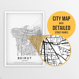 Mapa para impressão de Beirute, Líbano com nomes de ruas - Download instantâneo \ Mapa da cidade \ Presente de viagem \ Cartaz da cidade \ Impressão de mapa de estradas \ Arte de parede