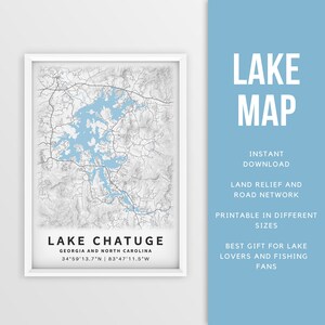 Mapa imprimible del lago Chatuge, Georgia, EE. UU. - Descarga instantánea \ Mapa del lago \ Cartel del mapa \ Decoración de la casa del lago \ LakeLife \ Pesca \ Paseos en bote