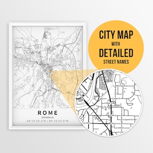 Mapa imprimível de Rome, Geórgia, EUA com nomes de ruas - Download instantâneo \ Mapa da cidade \ Presente de viagem \ Cartaz da cidade \ Mapa rodoviário \ Condado de Floyd
