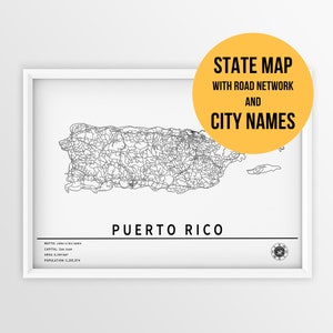 Mapa imprimível de Porto Rico com nomes de cidades e estradas - Download instantâneo \ Mapa do país \ Arte do mapa \ Impressão do mapa \ Planejador de viagens \ San Juan