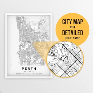 Mapa imprimible de Perth, Australia con nombres de calles - Descarga instantánea \ Mapa de la ciudad \ Regalo de viaje \ Cartel de la ciudad \ Impresión de mapa de carreteras \ Mapa de calles