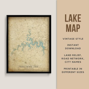 Druckbare Vintage Stil Karte von Table Rock Lake, Missouri-Arkansas, USA mit Städtenamen - Sofort Download \ Lake Map \ Wall Art \ Rustic Map