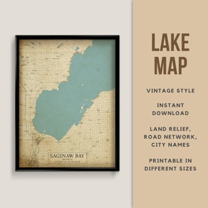 Printable Vintage Style Map of Saginaw Bay, Michigan, USA with City names - Instant Download \ Lake Map \ Wall Art \ Lake Poster \ Map Print