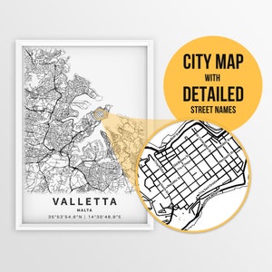 Mapa para impressão de Valletta, Malta com nomes de ruas - Download instantâneo \ Mapa da cidade \ Arte de parede \ Pôster do México \ Estrada do México \ Impressão de mapa