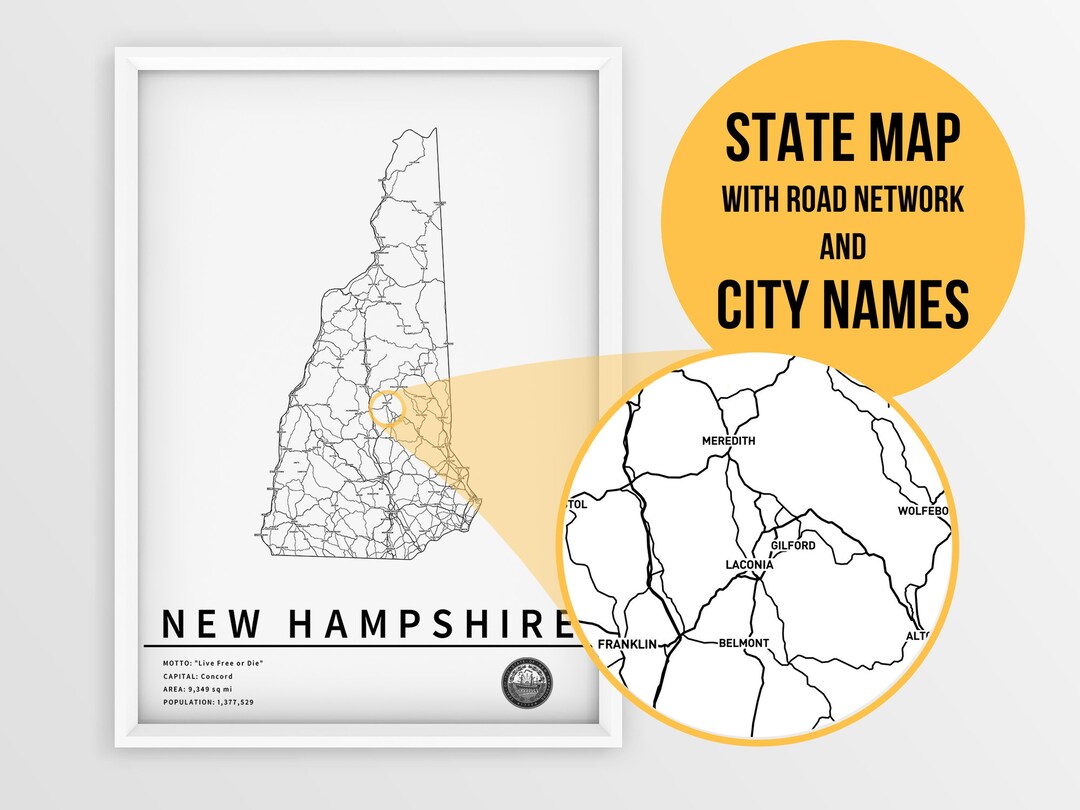 Printable Map of New Hampshire With City Names Instant Download State Road Map Gift Idea USA Map