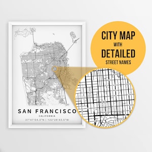 Mapa para impressão de São Francisco, Califórnia, EUA com nomes de ruas - download instantâneo \ Mapa da cidade \ Presente de viagem \ Cartaz da cidade \ Impressão de mapa de estradas