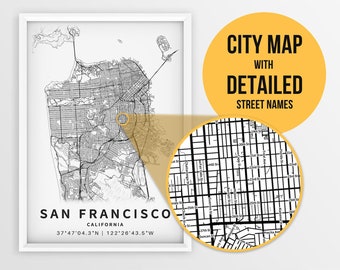 Carte imprimable de San Francisco, Californie, États-Unis avec les noms de rue - téléchargement immédiat \ plan de la ville \ cadeau de voyage \ affiche de la ville \ impression de carte routière