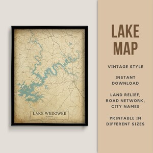 Vintage stijl kaart van Lake Wedowee, Alabama, VS met stadsnamen - Instant Download \ Lake Map \ Wall Art \ Printable Poster \ Lake House