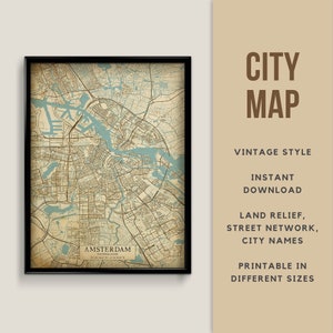 Vintage Stil Karte Amsterdam, Niederlande - sofortiger Download \ Stadt Karte ~ Reise Geschenk ~ ~ Stadt Poster ~ Vintage Karte ~ Wand Kunst