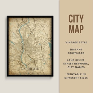 Mapa de estilo vintage imprimible de Manchester, New Hampshire, EE. UU. - Descarga instantánea \ Mapa de calles \ Arte de la pared \ Cartel del mapa \ Antiguo \ Impresión de mapas