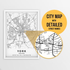 Druckbare Karte von York, England, Vereinigtes Königreich mit Straßennamen - Sofort Download \ City Map \ Travel Gift \ City Poster \ Road Map Print