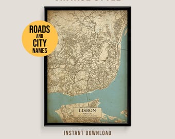 Lisbon, Portugal Vintage Style Map, Printable Lisbon City Poster (Instant Download)