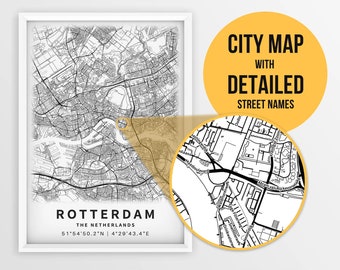 Printable Map of Rotterdam, Netherlands with Street Names - Instant Download \ City Map \ Travel Gift \ City Poster \ Road Map Print