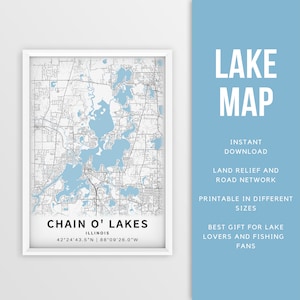 Mapa imprimible de Chain O Lakes, Illinois, EE.UU. - Descarga instantánea \ Mapa del lago \ Cartel del mapa \ Decoración de la casa del lago \ LakeLife \ Pesca \ Paseos en bote