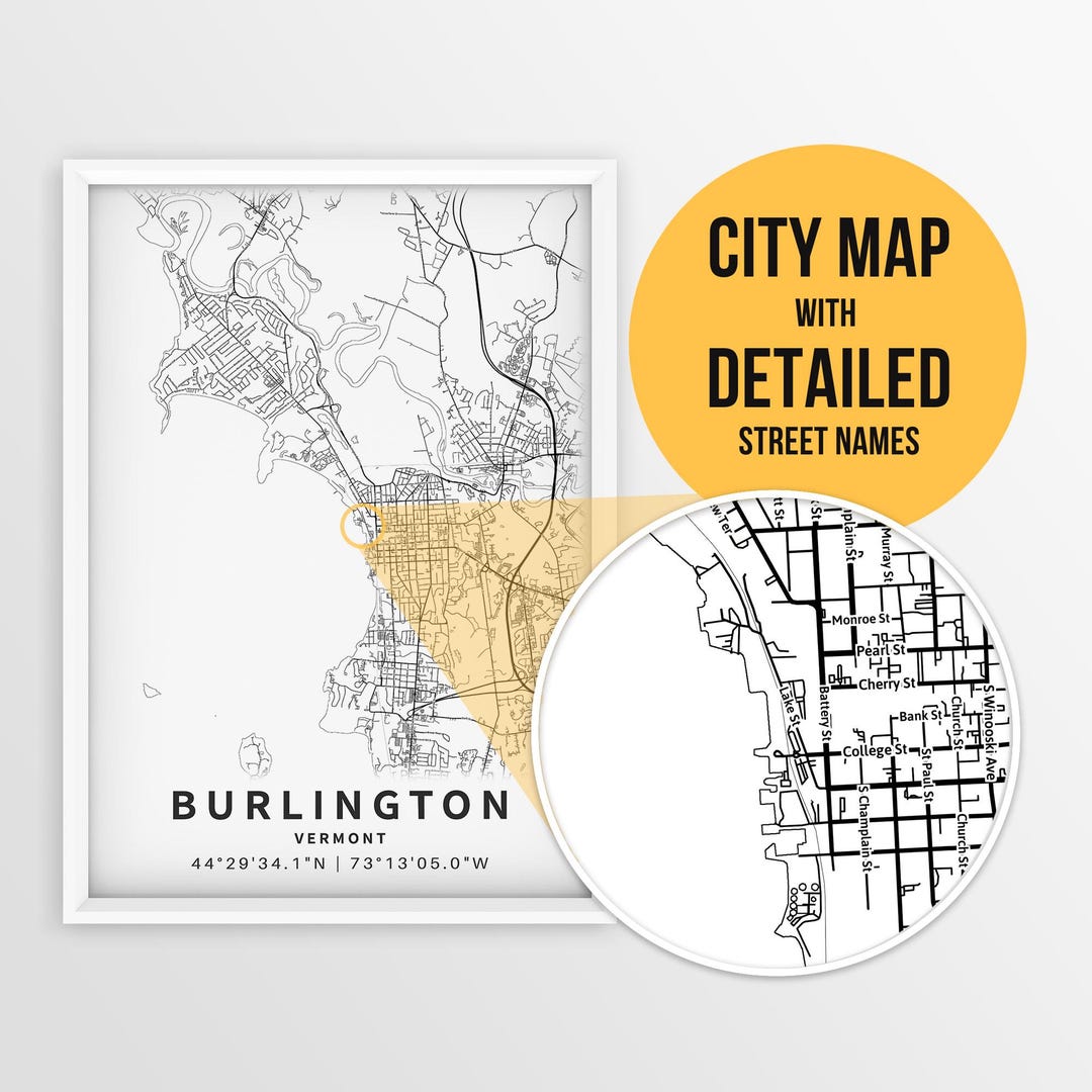 Printable Map Of Burlington Vermont USA With Street Names Instant Il G6as 