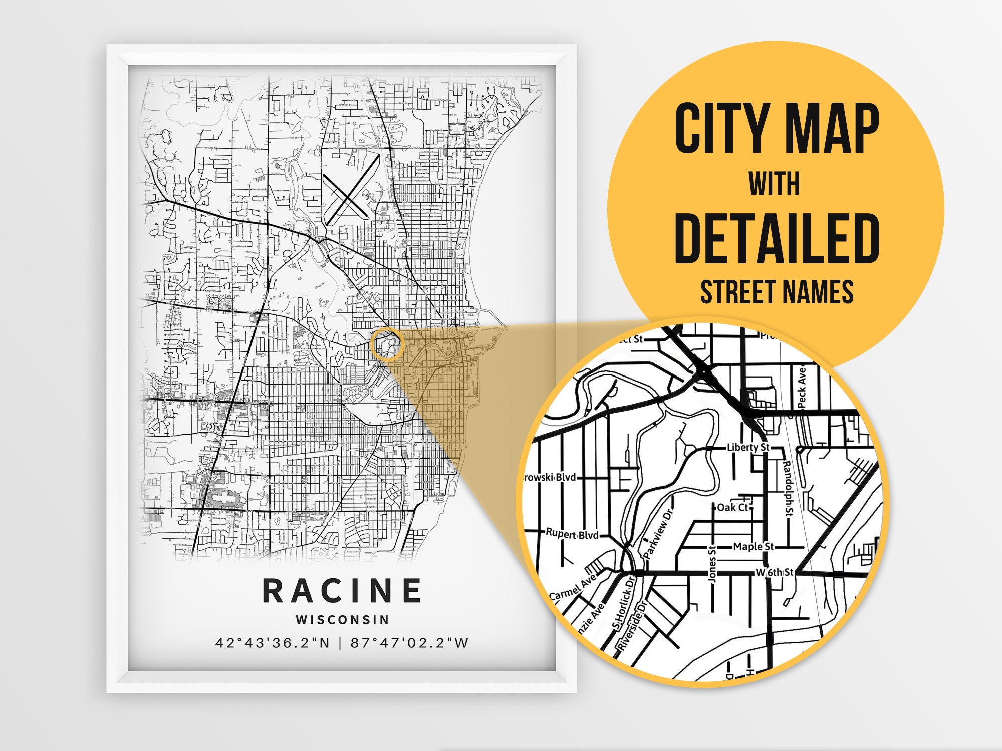 Printable Map of Racine Wisconsin WI USA With Street Names - Etsy