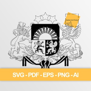 Puede incluir: Ilustración en blanco y negro de un escudo heráldico con un león a la izquierda y un grifo a la derecha, sosteniendo un escudo con un diseño de rayos de sol. El escudo incluye tres estrellas y el texto "Stylish Art Prints". La pancarta inferior dice "SVG - PDF - EPS - PNG - AI".