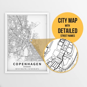 Druckbare Karte von Kopenhagen, Dänemark mit Straßennamen - Sofort Download \ City Map \ Travel Gift \ City Poster \ Road Map Print \ Wall Art