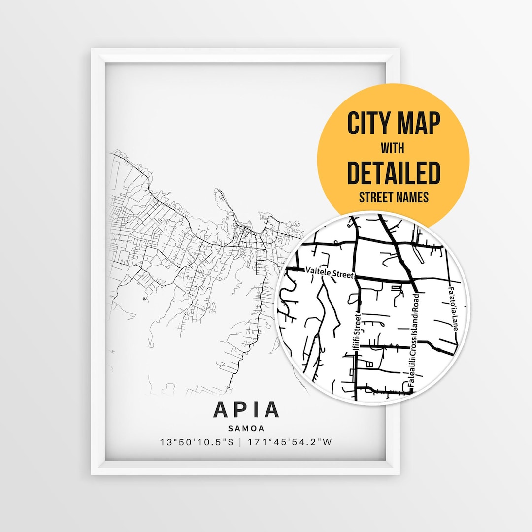 Apia Samoa Map With Street Names, Printable Apia City Poster (instant ...