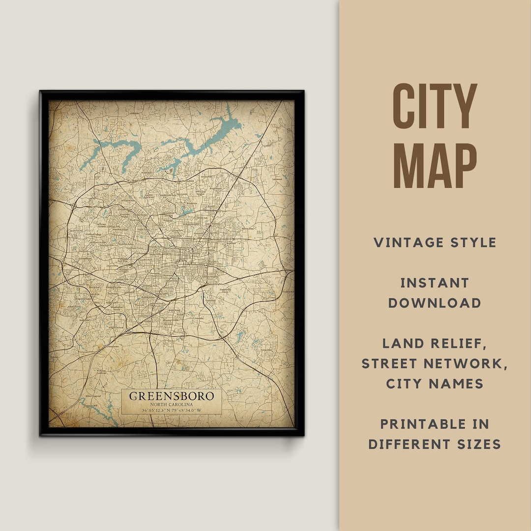 Printable Vintage Style Map of Greensboro, North Carolina, USA ...
