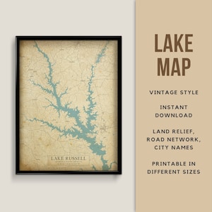 Mapa de estilo vintage del lago Russell, Georgia y Carolina del Sur, EE. UU. con ciudad - Descarga instantánea \ Mapa del lago \ Arte de la pared \ Póster imprimible