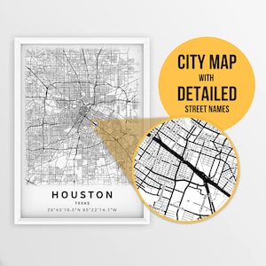 Druckbare Karte von Houston, Texas, USA mit Straßennamen - Sofort Download \ City Map \ Travel Gift \ City Poster \ Road Map Print \ Map Art
