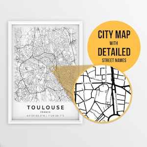 Mapa imprimible de Toulouse, Francia con nombres de calles - Descarga instantánea \ Mapa de la ciudad \ Regalo de viaje \ Cartel de la ciudad \ Impresión de mapa de carreteras \ Mapa de calles