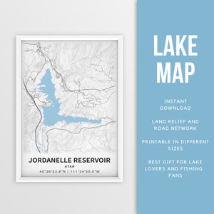 Mapa imprimible del embalse Jordanelle, Utah, EE. UU. - Descarga instantánea \ Mapa del lago \ Cartel del mapa \ Decoración de la casa del lago \ LakeLife \ Pesca \ Paseos en bote