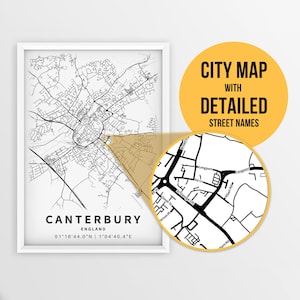 Mapa imprimible de Canterbury, Inglaterra, Reino Unido con nombres de calles - Descarga instantánea \ Mapa de la ciudad \ Regalo de viaje \ Cartel de la ciudad \ Impresión de mapa de carreteras
