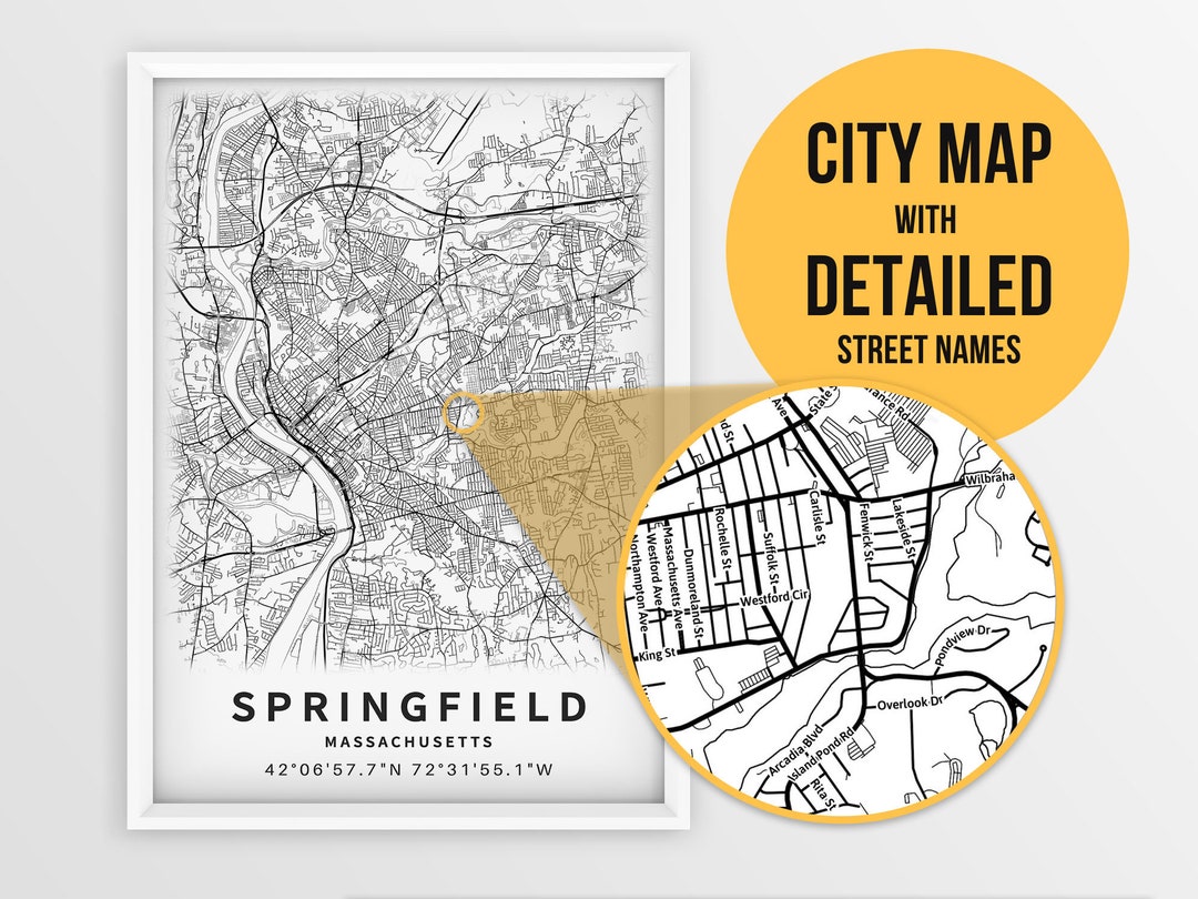 Printable Map of Springfield Massachusetts MA United States Etsy