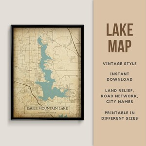 Mappa in stile vintage di Eagle Mountain Lake, Texas, Stati Uniti con nomi di città - Download istantaneo \ Mappa del lago \ Poster stampabile \ Lake House Decor