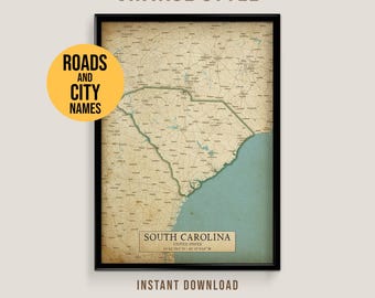 South Carolina Vintage Style Karte mit Straßen und Städtenamen, Poster zum ausdrucken (Instant Download)