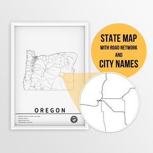 Carte imprimable de l'Oregon, aux États-Unis, avec les noms des villes et des routes - Téléchargement immédiat \ Carte de l'État \ Art de la carte \ Carte à épingles \ Planificateur de voyage