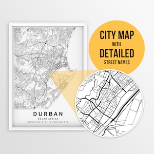 Mapa para impressão de Durban, África do Sul com nomes de ruas - Download instantâneo \ Mapa da cidade \ Presente de viagem \ Cartaz da cidade \ Impressão de mapa de estradas